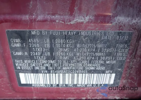 2012 Subaru Outback 2.5I z USA, uszkodzony, nr VIN 4S4BRBAC2C3249465